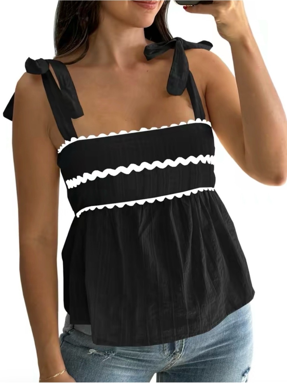 Black Tie-Shoulder Smocked Tank Top